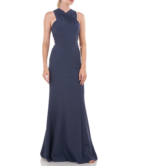 NEW KAY UNGER Prussian Blue TALIA Stretch Crepe PLEATED HALTER Column GOWN 2 - Picture 11 of 12